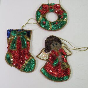 VTG Hand-Beaded Sequin Christmas Ornaments Dark Skinned Angel, Stocking, Wreath